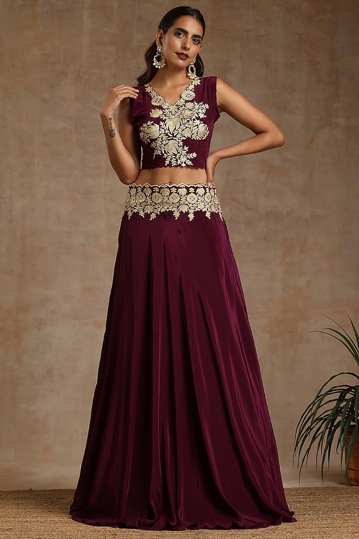 Wine Organza Embroidered Wedding Lehenga Set by Wazir C at Pernia's Pop Up Shop