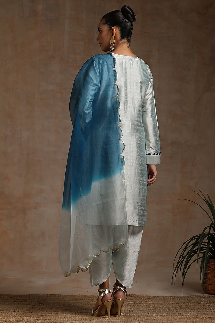Grey & Teal Silk Kashmiri Tilla Embroidered Kurta Set by Wazir C at Pernia's Pop Up Shop