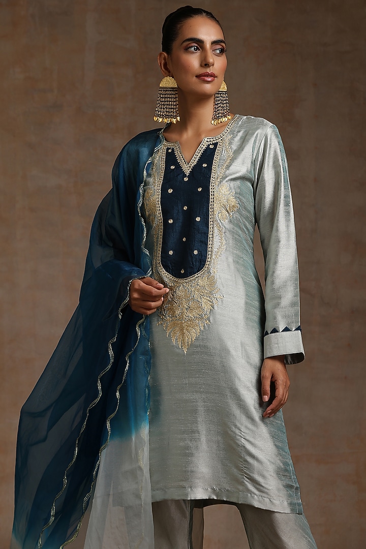 Grey & Teal Silk Kashmiri Tilla Embroidered Kurta Set by Wazir C at Pernia's Pop Up Shop