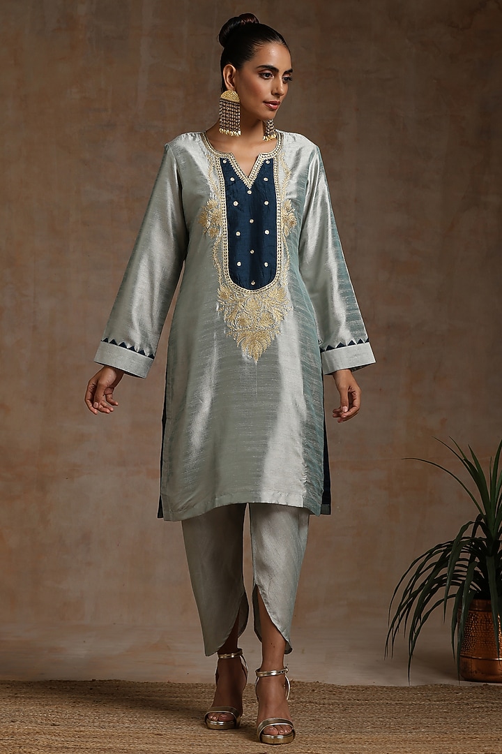 Grey & Teal Silk Kashmiri Tilla Embroidered Kurta Set by Wazir C at Pernia's Pop Up Shop