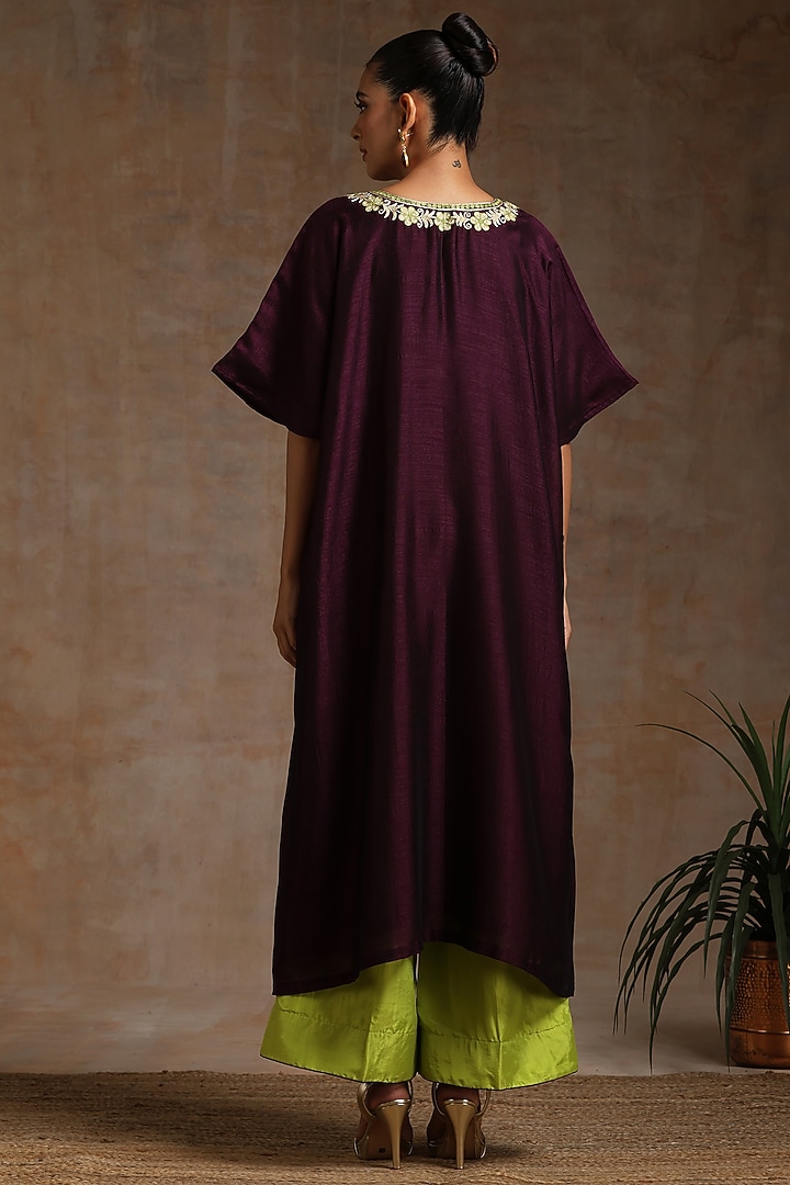Wine Silk Embroidered Kaftan Set by Wazir C at Pernia's Pop Up Shop