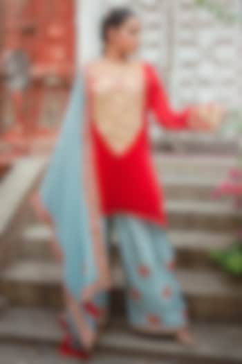 Red Silk Kashmiri Tilla Embroidered Kurta Set by Wazir C at Pernia's Pop Up Shop