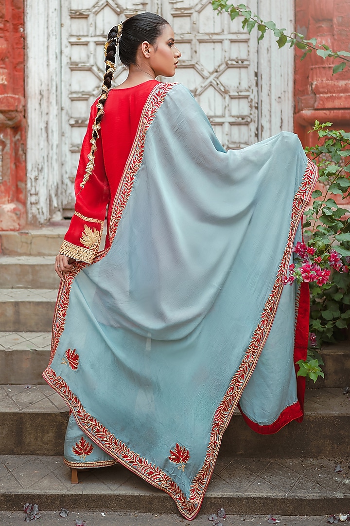 Red Silk Kashmiri Tilla Embroidered Kurta Set by Wazir C at Pernia's Pop Up Shop