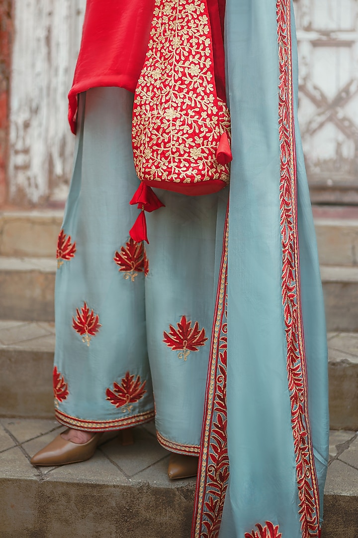 Red Silk Kashmiri Tilla Embroidered Kurta Set by Wazir C at Pernia's Pop Up Shop