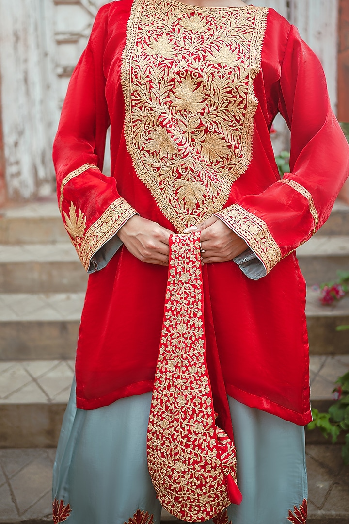 Red Silk Kashmiri Tilla Embroidered Kurta Set by Wazir C at Pernia's Pop Up Shop