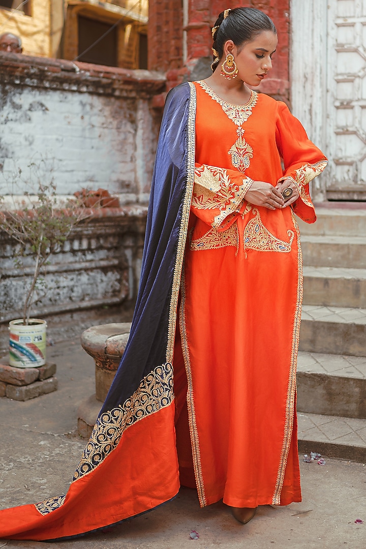 Orange Silk Kashmiri Tilla Embroidered Kurta Set by Wazir C at Pernia's Pop Up Shop
