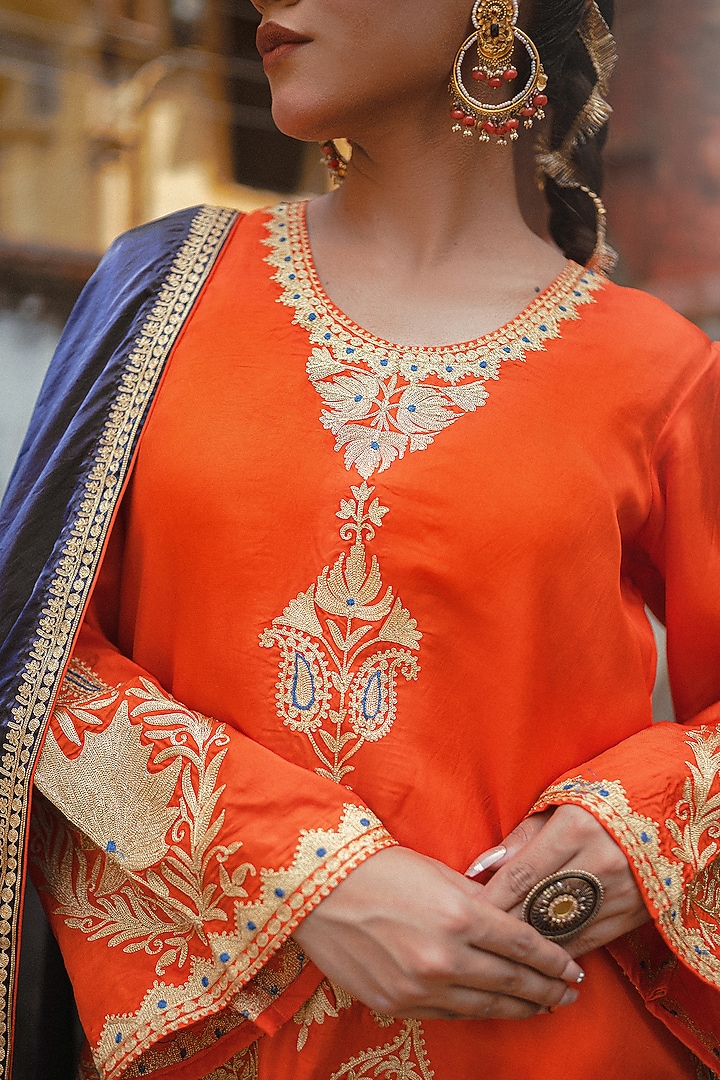 Orange Silk Kashmiri Tilla Embroidered Kurta Set by Wazir C at Pernia's Pop Up Shop