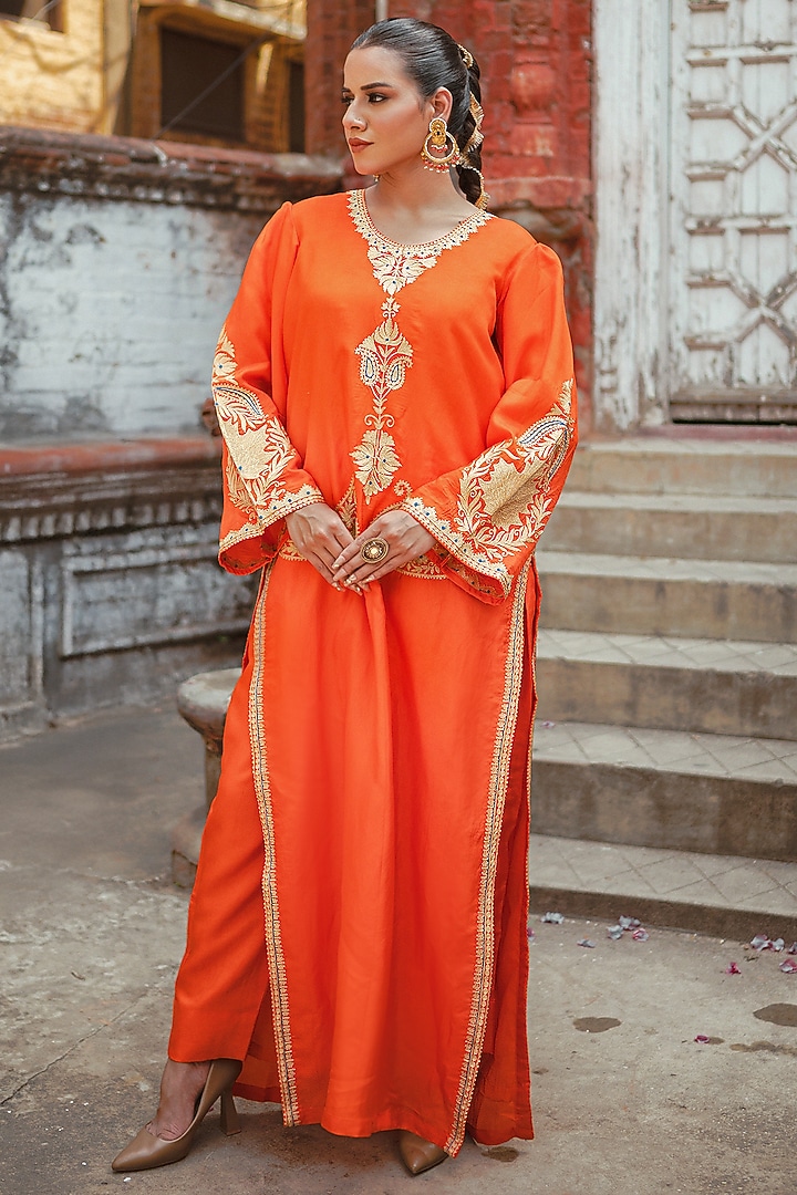 Orange Silk Kashmiri Tilla Embroidered Kurta Set by Wazir C at Pernia's Pop Up Shop