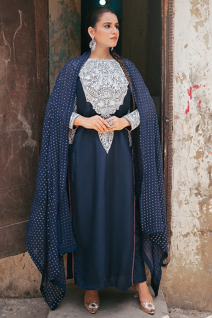 Navy Blue Silk Kashmiri Tilla Embroidered Kurta Set by Wazir C at Pernia's Pop Up Shop