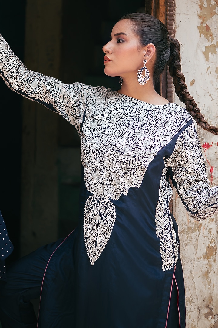Navy Blue Silk Kashmiri Tilla Embroidered Kurta Set by Wazir C at Pernia's Pop Up Shop
