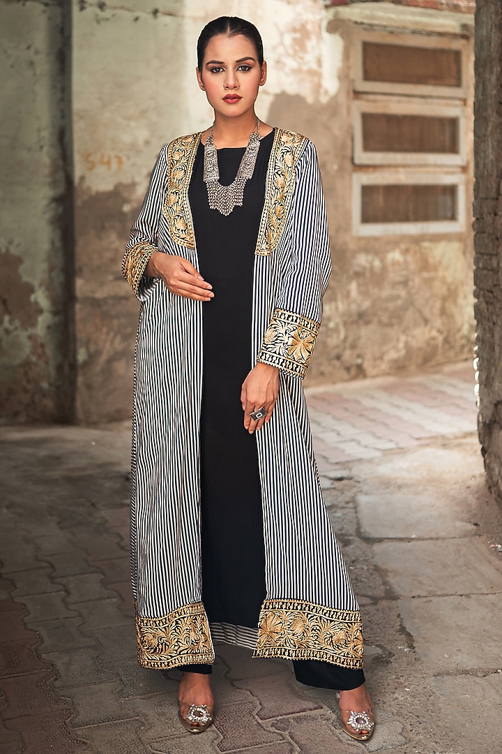 Black Cotton Striped Cape Set by Wazir C at Pernia's Pop Up Shop