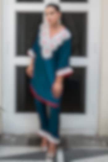 Teal Blue Crepe Kashmiri Tilla Embroidered Co-Ord Set by Wazir C at Pernia's Pop Up Shop