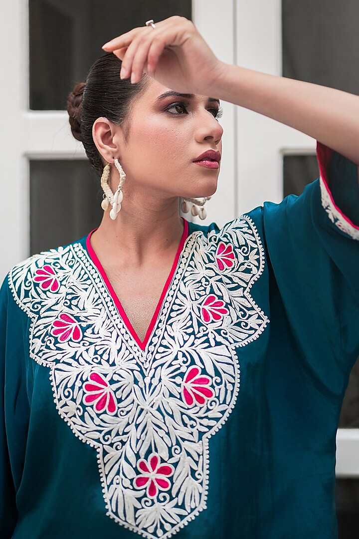 Teal Blue Crepe Kashmiri Tilla Embroidered Co-Ord Set by Wazir C at Pernia's Pop Up Shop