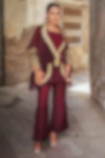 Maroon Silk Kashmiri Tilla Embroidered Jacket Set by Wazir C at Pernia's Pop Up Shop