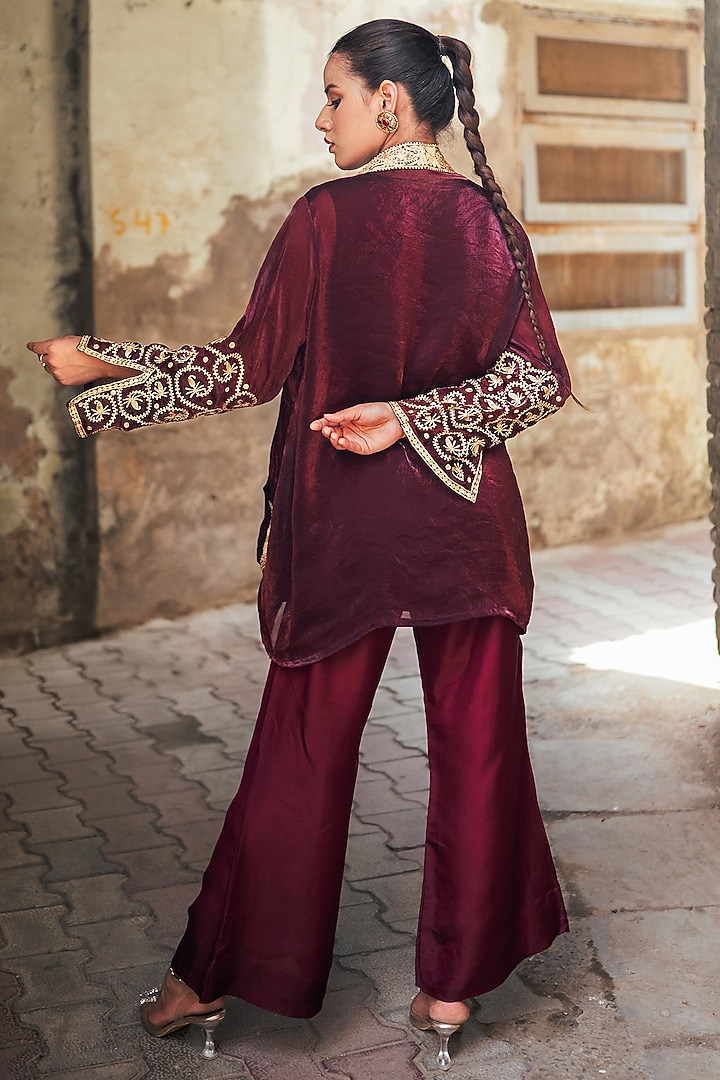 Maroon Silk Kashmiri Tilla Embroidered Jacket Set by Wazir C at Pernia's Pop Up Shop