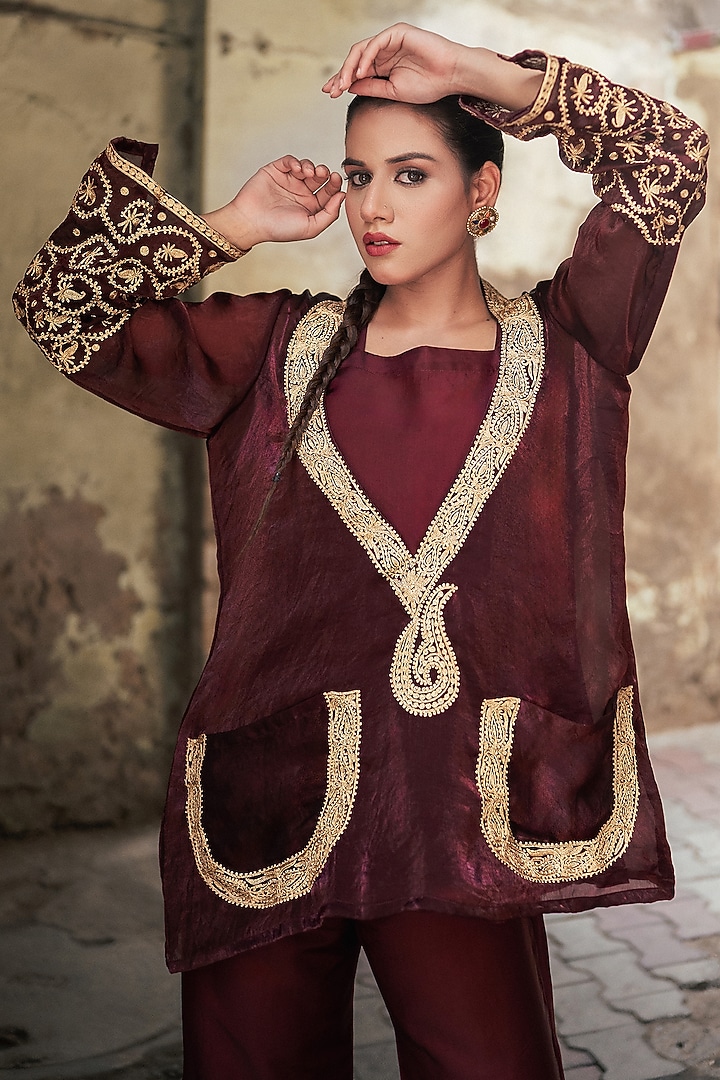 Maroon Silk Kashmiri Tilla Embroidered Jacket Set by Wazir C at Pernia's Pop Up Shop