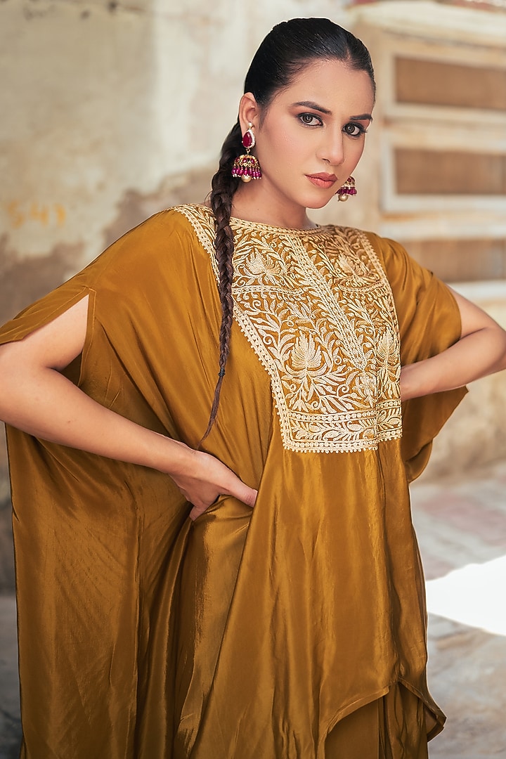 Mustard Crepe Kashmiri Tilla Embroidered Co-Ord Set by Wazir C at Pernia's Pop Up Shop