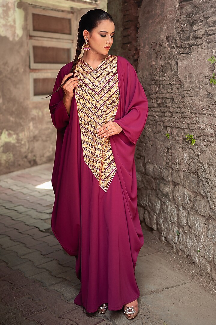 Mauve Silk Kashmiri Tilla Embroidered Kaftan by Wazir C at Pernia's Pop Up Shop