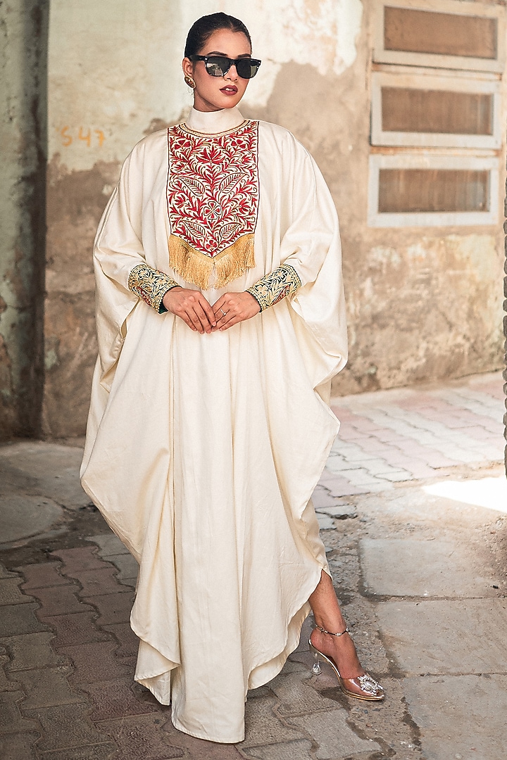 Off-White Silk Kashmiri Tilla Embroidered Kaftan by Wazir C at Pernia's Pop Up Shop