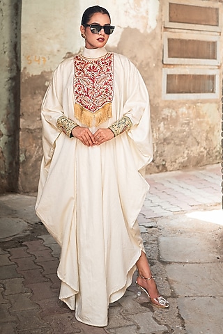 Off-White Silk Kashmiri Tilla Embroidered Kaftan by Wazir C