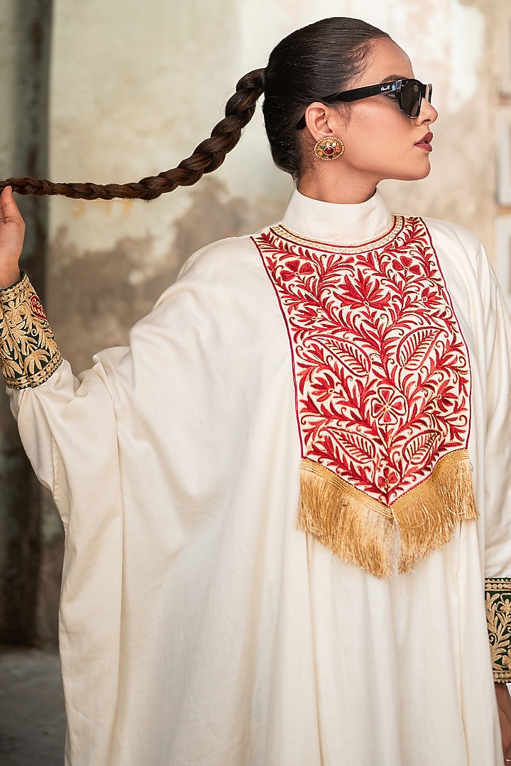 Off-White Silk Kashmiri Tilla Embroidered Kaftan by Wazir C at Pernia's Pop Up Shop