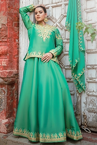 Green Silk Kashmiri Tilla Embroidered Lehenga Set by Wazir C