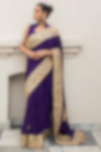 Purple Crepe Kashmiri Tilla Embroidered Wedding Saree Set by Wazir C at Pernia's Pop Up Shop
