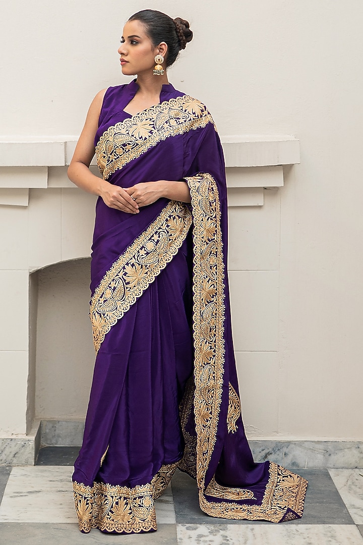 Purple Crepe Kashmiri Tilla Embroidered Wedding Saree Set by Wazir C at Pernia's Pop Up Shop