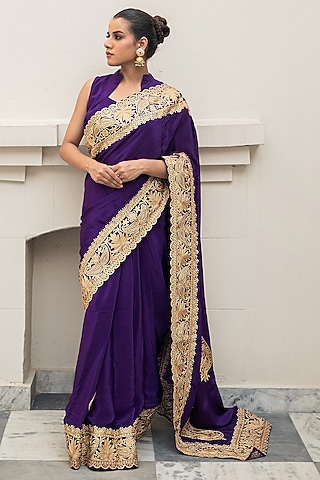 Purple Crepe Kashmiri Tilla Embroidered Saree Set by Wazir C
