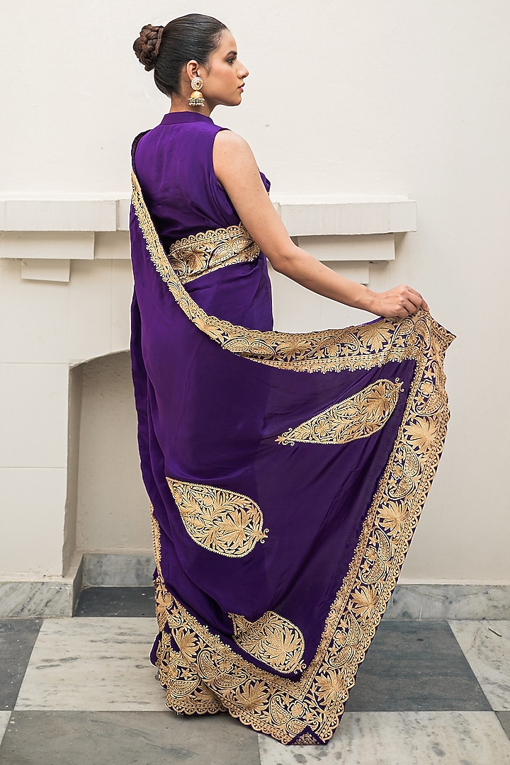 Purple Crepe Kashmiri Tilla Embroidered Wedding Saree Set by Wazir C at Pernia's Pop Up Shop