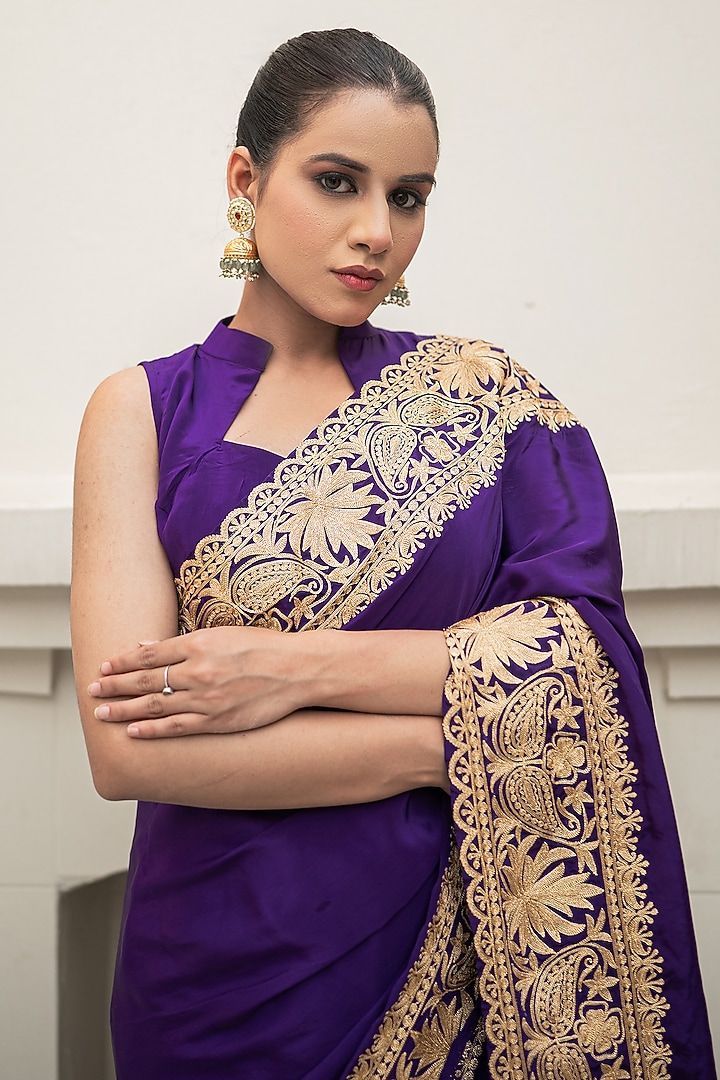 Purple Crepe Kashmiri Tilla Embroidered Wedding Saree Set by Wazir C at Pernia's Pop Up Shop