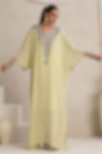 Pista Green Crepe Kashimiri Tilla Embroidered Kaftan by Wazir C at Pernia's Pop Up Shop