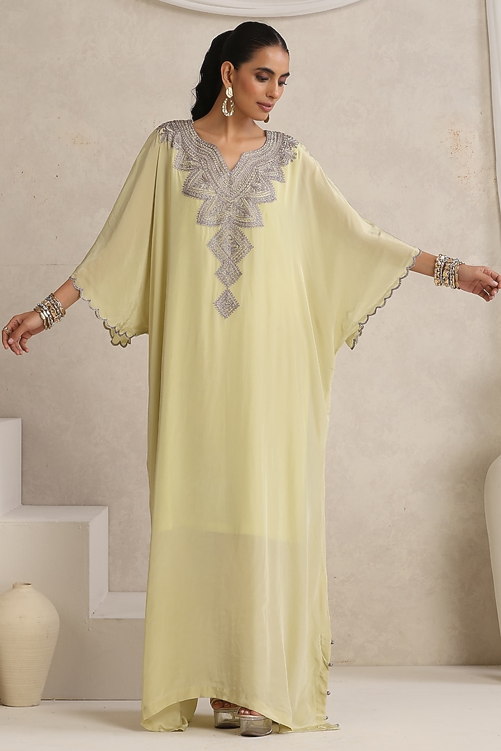 Pista Green Crepe Kashimiri Tilla Embroidered Kaftan by Wazir C at Pernia's Pop Up Shop