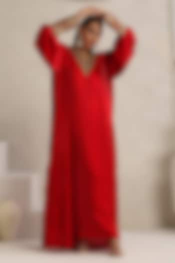 Red Silk Kashimiri Tilla Embroidered Kaftan by Wazir C at Pernia's Pop Up Shop