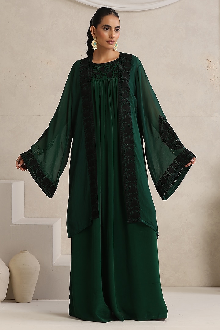 Green Crepe Kashimiri Aari Embroidered Cape Vacation Dress by Wazir C at Pernia's Pop Up Shop