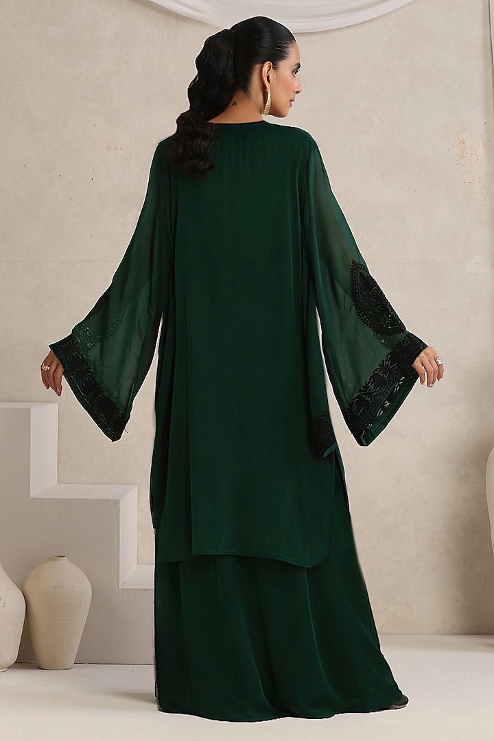 Green Crepe Kashimiri Aari Embroidered Cape Vacation Dress by Wazir C at Pernia's Pop Up Shop
