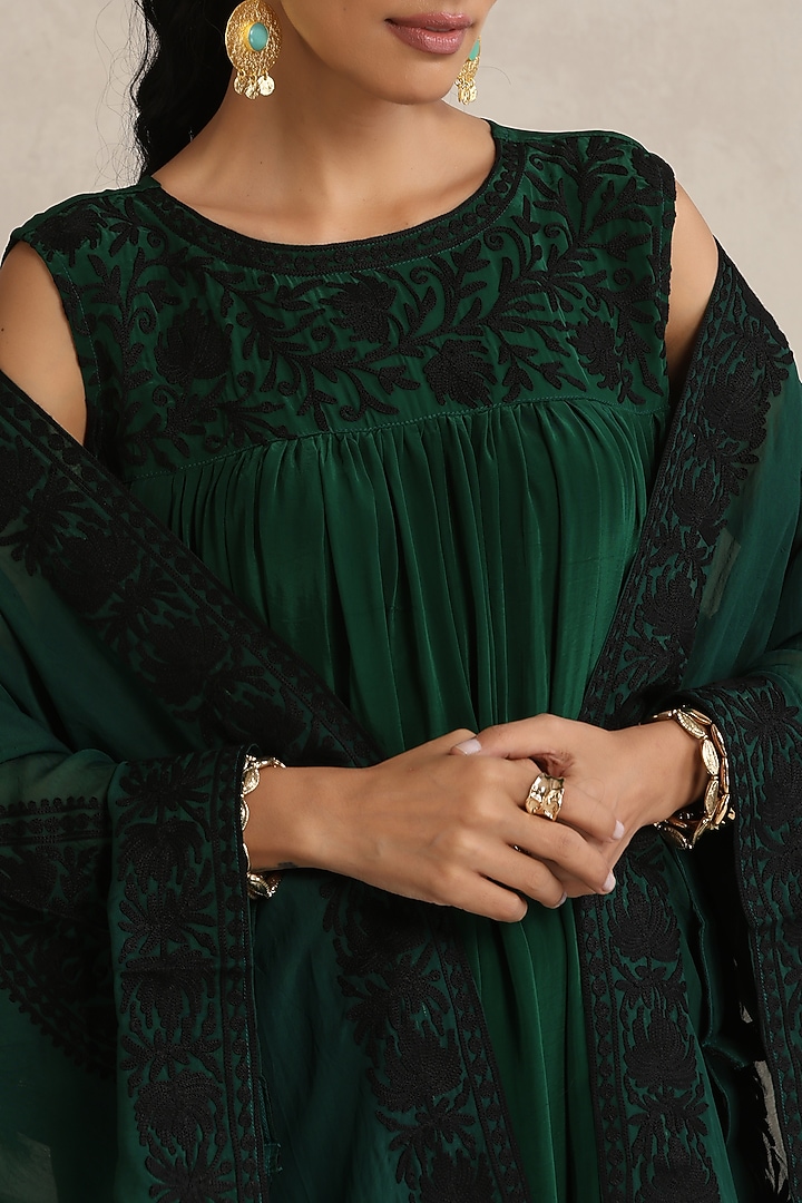 Green Crepe Kashimiri Aari Embroidered Cape Vacation Dress by Wazir C at Pernia's Pop Up Shop