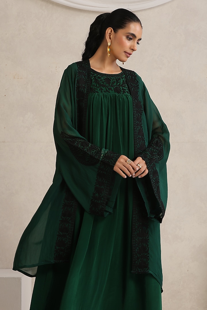 Green Crepe Kashimiri Aari Embroidered Cape Vacation Dress by Wazir C at Pernia's Pop Up Shop