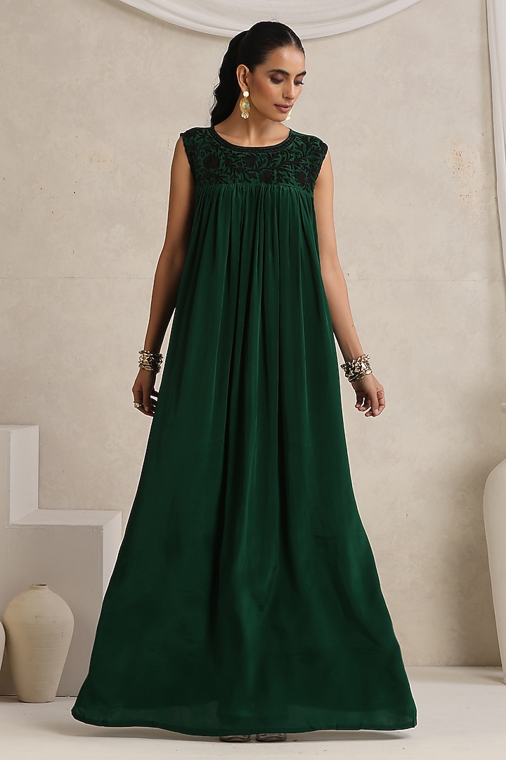 Green Crepe Kashimiri Aari Embroidered Cape Vacation Dress by Wazir C at Pernia's Pop Up Shop