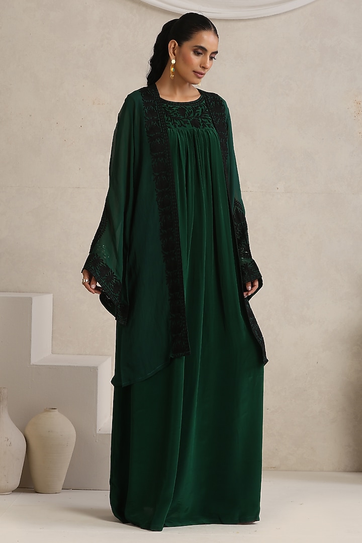 Green Crepe Kashimiri Aari Embroidered Cape Vacation Dress by Wazir C at Pernia's Pop Up Shop