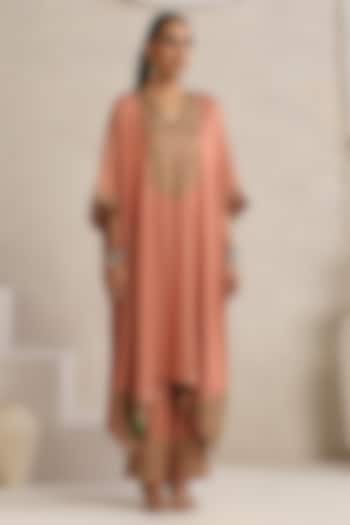 Peach Silk Kashimiri Tilla Embroidered Kaftan Set by Wazir C at Pernia's Pop Up Shop
