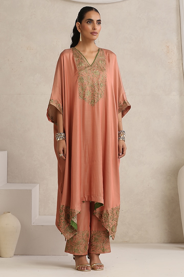 Peach Silk Kashimiri Tilla Embroidered Kaftan Set by Wazir C at Pernia's Pop Up Shop