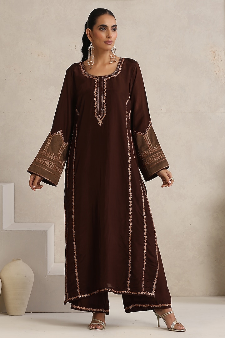 Brown Silk Kashmiri Tilla Embroidered Kurta Set by Wazir C at Pernia's Pop Up Shop