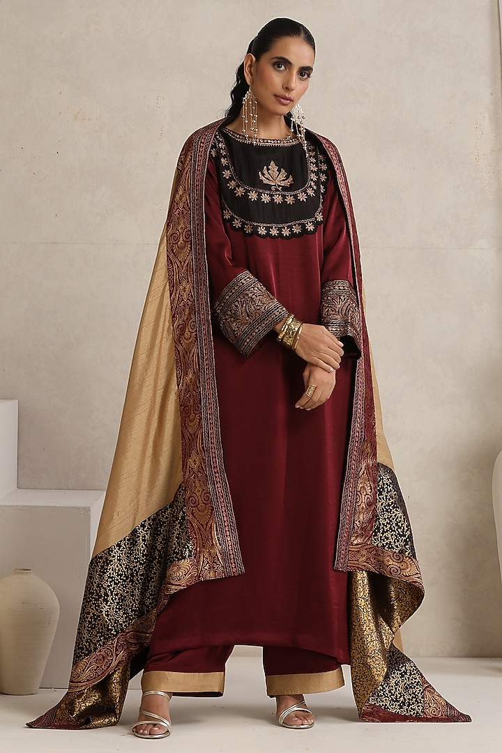 Maroon & Beige Satin Kashmiri Tilla Embroidered Kurta Set by Wazir C at Pernia's Pop Up Shop
