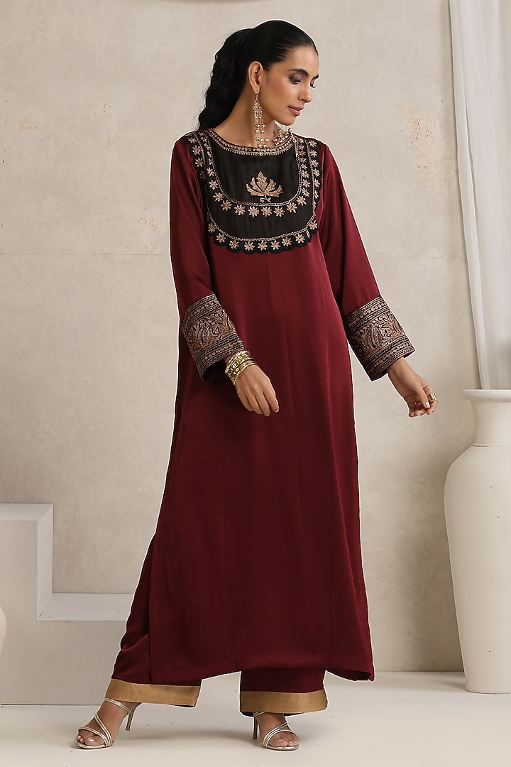 Maroon & Beige Satin Kashmiri Tilla Embroidered Kurta Set by Wazir C at Pernia's Pop Up Shop