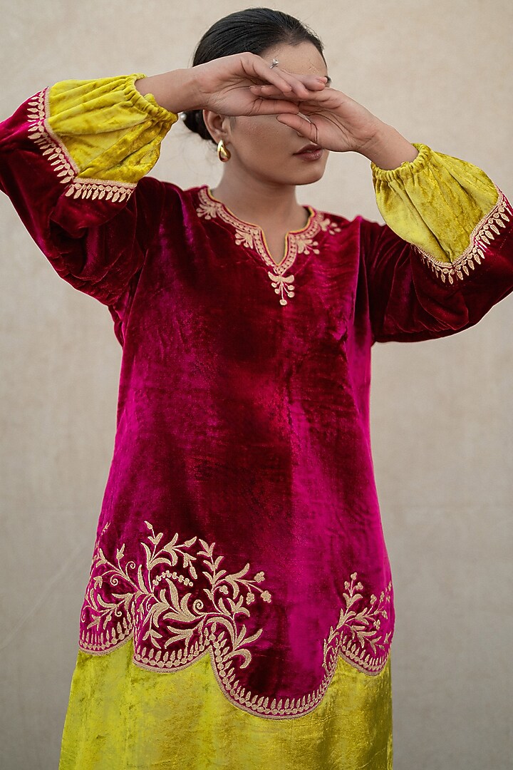 Hot Pink & Neon Velvet Kashmiri Tilla Embroidered Kurta Set by Wazir C at Pernia's Pop Up Shop