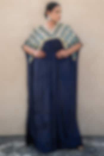 Peacock Blue Velvet Kashmiri Tilla Embroidered Kaftan by Wazir C at Pernia's Pop Up Shop