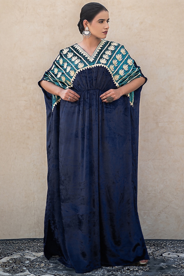 Peacock Blue Velvet Kashmiri Tilla Embroidered Kaftan by Wazir C at Pernia's Pop Up Shop