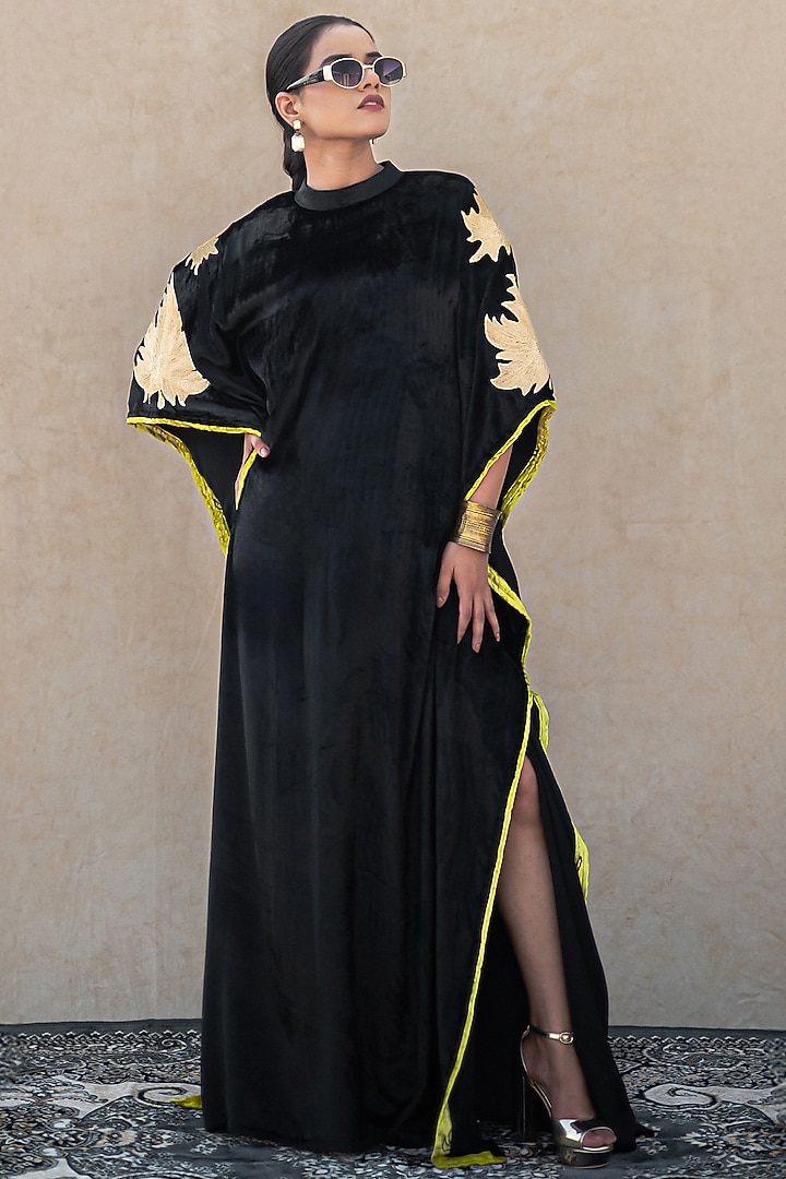 Black Velvet Kashmiri Tilla Embroidered Kaftan by Wazir C at Pernia's Pop Up Shop