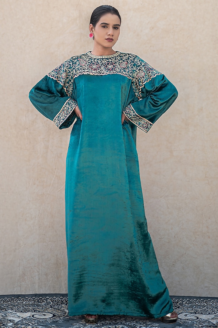 Peacock Blue Velvet Kashmiri Tilla Embroidered Kaftan by Wazir C at Pernia's Pop Up Shop
